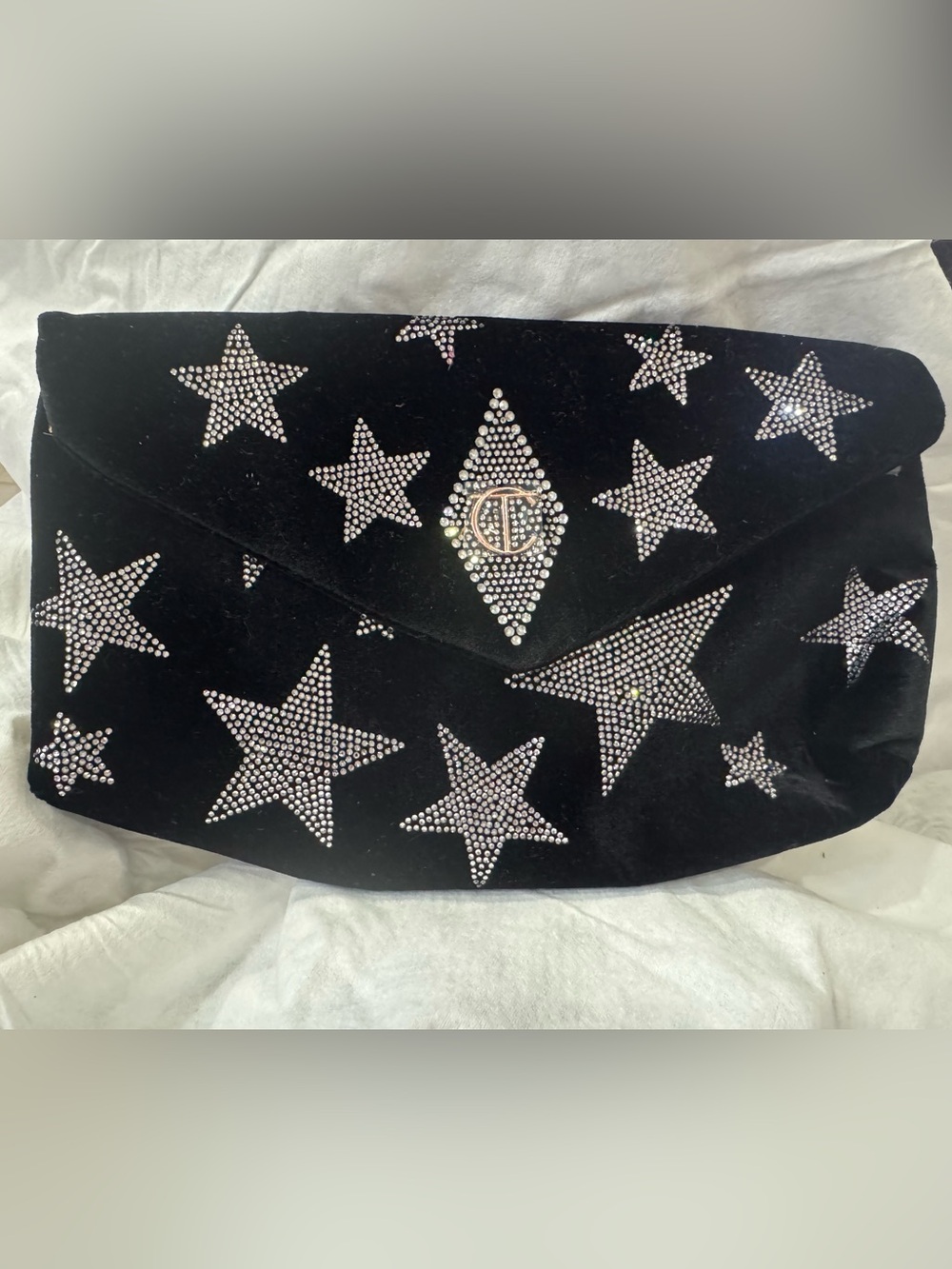 Charlotte Tilbury Black Velvet Star-Embellished Envelope Clutch